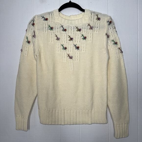 Sears JR Bazaar Vintage Women’s Floral Embroidered Sweater Ivory Cottage Core L - Picture 1 of 4